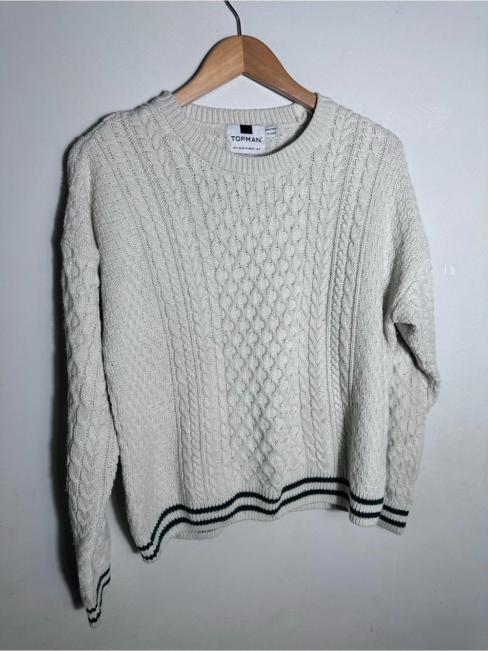Topman Cream Cable Knit Crewneck Sweater with Dark Stripe Hem